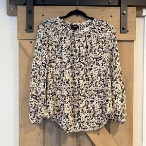 Theory Blouse Womens Medium Multicolor Floral 100% Silk Tunic Balloon Sleeves
